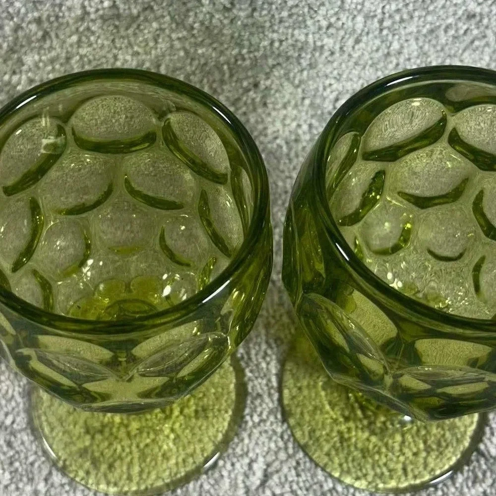 Vintage Imperial Glass Provincial Avocado Green Thumbprint Water Goblets